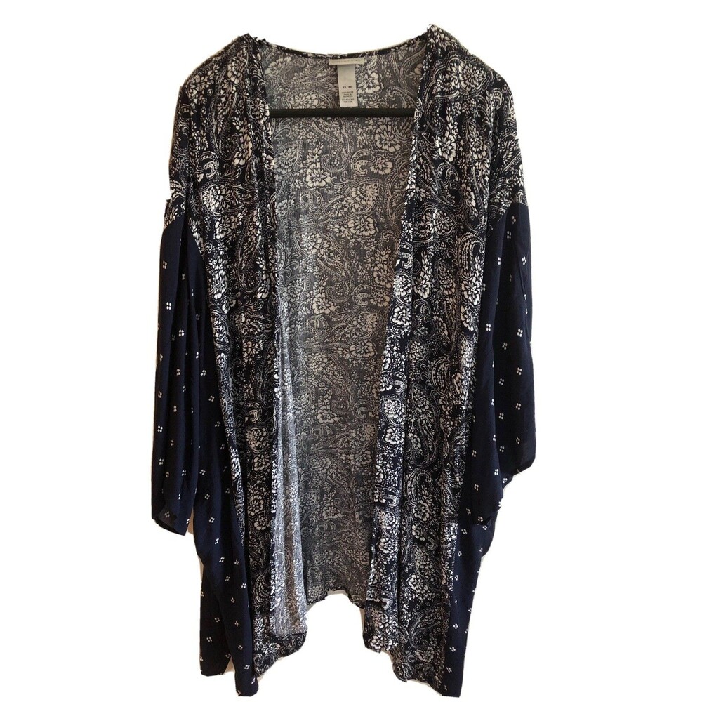 Catherines Womans Open Front Topper 2x 3x Floral Short Sleeve Blue Duster Kimono